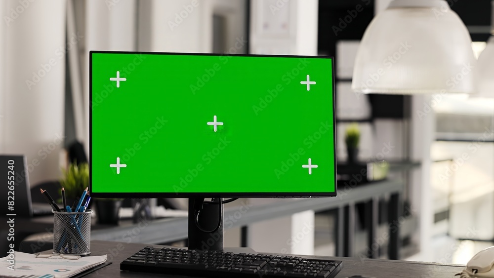 Poster empty workstation with computer running greenscreen on monitor, showing blank chromakey template in 