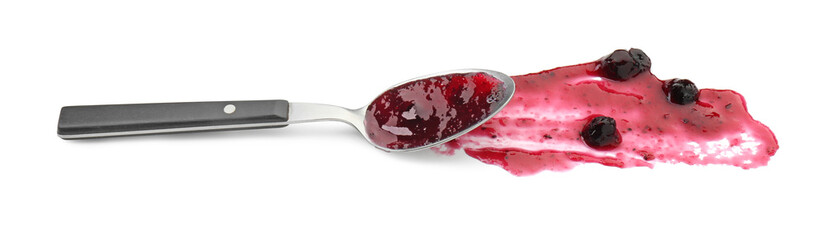 Tasty sweet jam and spoon isolated on white