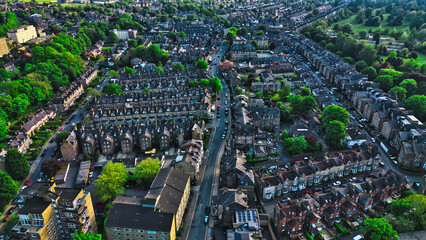 Aerial view of urban neighborhood with houses and greenery in Harrogate, North Yorkshire