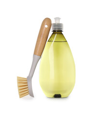 Bottle of cleaning product and brush isolated on white