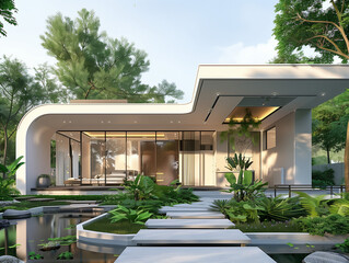 photo exterior Modern 1 story cement house in classic style One layer of white in Thailand