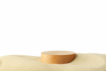 Presentation of product. Wooden podium on sand against white background. Space for text