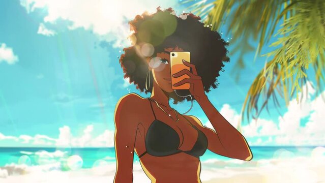 black woman taking selfie with smartphone on sunny beach, anime style
