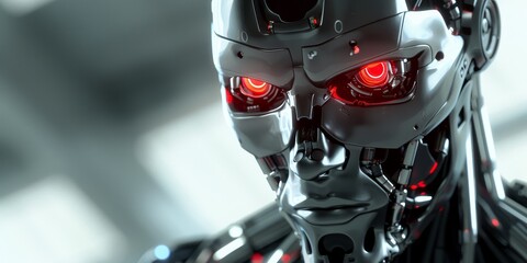 Fototapeta premium a cyber human robot, like antivirus, with shiny red eyes, savage dog face, angry