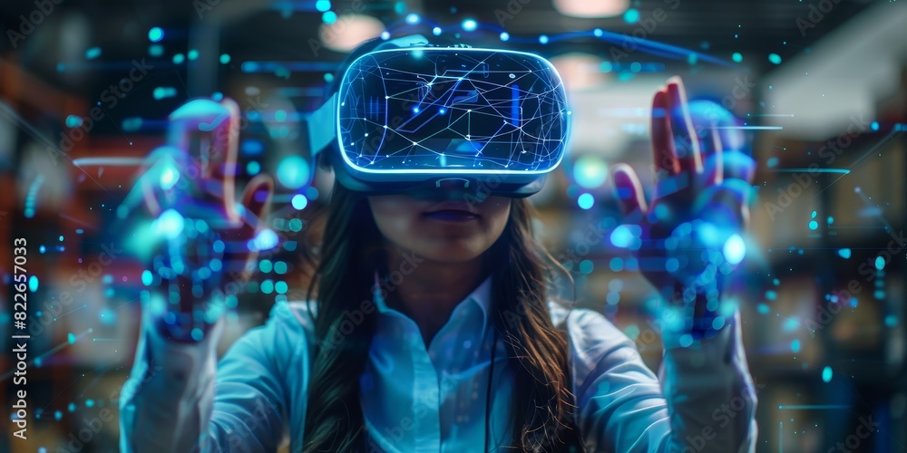 Poster school student with vr headset using ai artificial intelligence technology & machine learning. inter