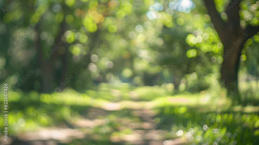 Poster blurred forest path background. peaceful blurred background image of a forest path on a sunny day, p