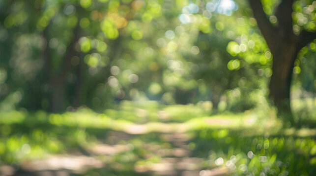 Blurred forest path background. Peaceful blurred background image of a forest path on a sunny day, perfect for nature and relaxation themes.