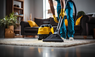Male janitor cleaning carpet in room