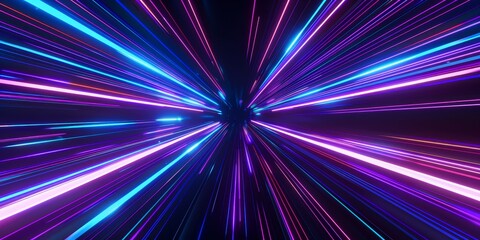 Fototapeta premium 3d Render, Blue purple light line through dark background, hyper speed warp in space