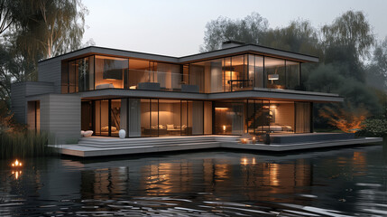 Fototapeta premium 21st-Century Minimalist Concrete and Glass House:. Image showcasing the sleek and minimalist design of the house with concrete and glass elements.