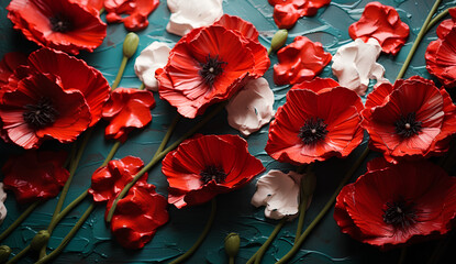 Red poppy flowers on background with Italy flag. Liberation day holiday. Festa della liberazione