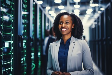 A young woman with a tablet computer stands in the middle of a server room. Collection and storage of large amounts of data. Checks the operation of servers and automation.