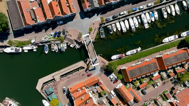 Top-down aerial view of a canal in the fortified city of Brielle, Netherlands.