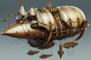 Vintage Medieval airship stylized travel. Smoke model. Generate Ai