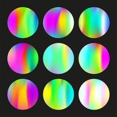 Hologram abstract backgrounds set. Holographic gradient. Plastic hologram backdrop. Minimalistic 90s, 80s retro style graphic template for placard, presentation, banner, brochure.