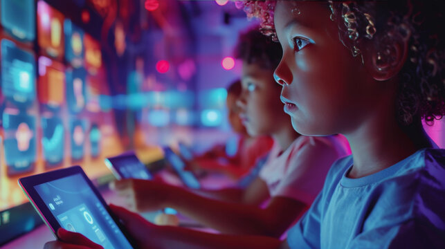 Group of diverse children using digital tablets in a brightly colored, technology-driven classroom setting. - Powered by Adobe