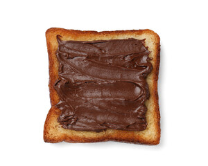 Piece of fresh toast bread with tasty chocolate paste isolated on white, top view