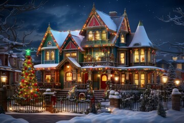 Fototapeta premium Cozy Suburban house christmas. Ladder outside card. Generate Ai