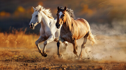 Obraz premium Two horses running in the field, one white and other brown with short mane, dust flying around them, beautiful autumn landscape in background, golden hour lighting.
