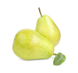 Tasty ripe pears with leaf on white background