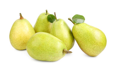 Many ripe pears with leaves on white background