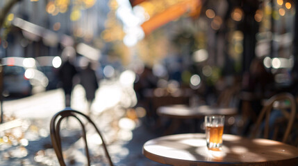 Naklejka premium Empty parisian cafe table. A blurred photo of an empty Parisian cafe table with a drink on a sunny day.