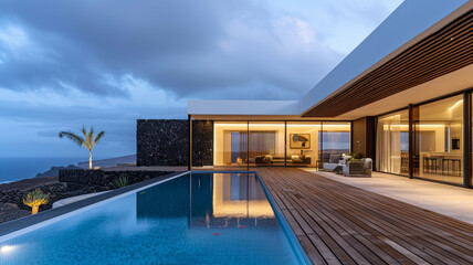 Fototapeta premium Contemporary Villa, Sunset Serenity with Wooden Terrace & Pool