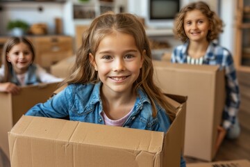 Children Playing with Moving Boxes in Bright Modern Living Room, Daylight, Joyful Unpacking and Relocation in Cheerful Home Setting Photography