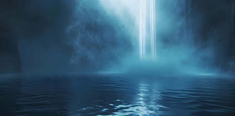 Abstract Fog and Light Rays on Dark Blue Water with Misty Waterfall
