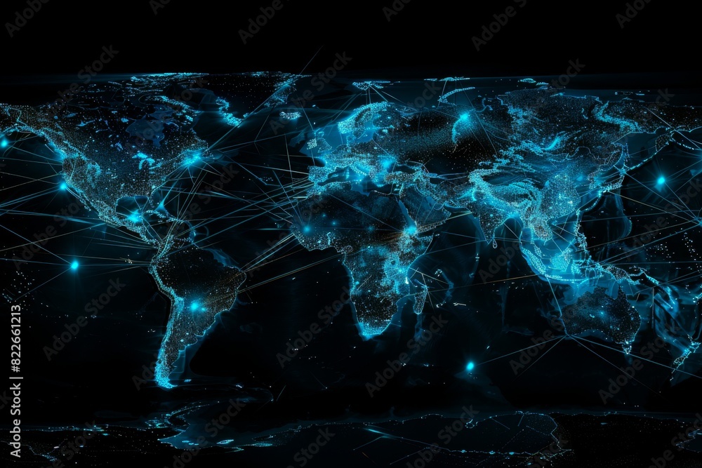 Poster a digital map of the world with glowing blue lines connecting cities, representing global connectivi