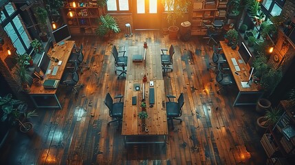 Overhead view of a modern industrial workspace with wooden floors, desks, and plants.