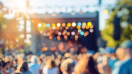 Blurred concert crowd with bright lights. Abstract blurred photo of crowd enjoying outdoor concert, illuminated stage, festival atmosphere