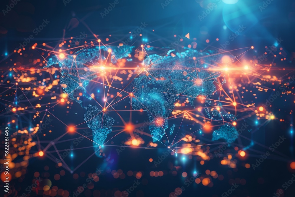Poster a world map with blue glowing connections between cities, representing global network and connectivi