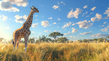Obraz premium A giraffe standing in the savannah, surrounded by tall grass and acacia trees under a clear blue sky with fluffy white clouds, banner with copy space.