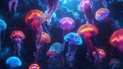 Fototapeta premium Vibrant Glowing Jellyfish, Deep Ocean Illumination