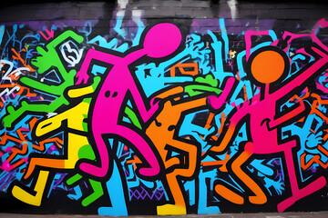 Description: A vibrant and crazy illustration showcases a graffiti wall adorned with colorful abstract dancing figures, exuding an energetic and lively atmosphere of urban expression.