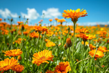 Obraz premium vibrant marigold flowers under a clear blue sky with delicate details and natural beauty