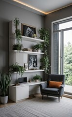 gray and marble luxury living room interior with sleek furniture and a vertical garden
