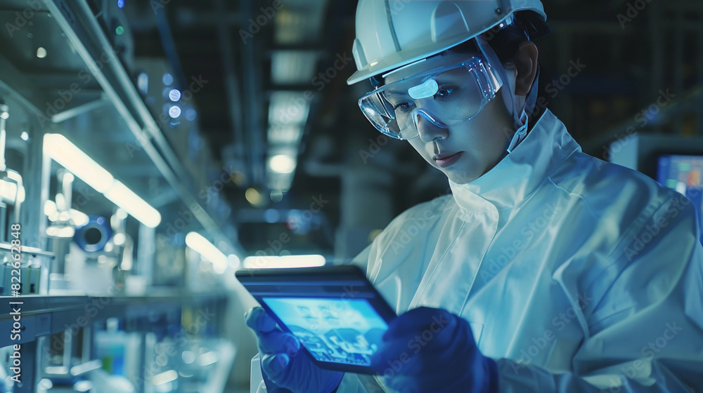 Poster a focused female scientist in lab coat and safety gear using a tablet to analyze data in a high-tech