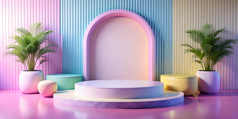 Cylinder pedestal podium with pastel pink blue