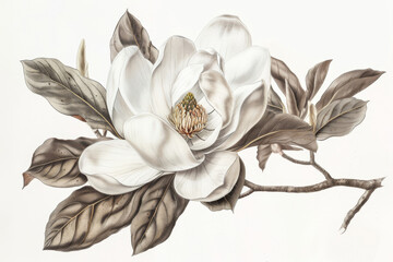 Obraz premium Detailed vintage black and white magnolia botanical illustration. Hand-drawn engraving of a historical floral plant branch in a timeless victorian era artistic print for educational. Decorative