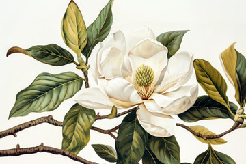 Detailed vintage botanical illustration of magnolia flower and plant, hand-drawn with historical accuracy and scientific elegance, showcasing the beauty of nature