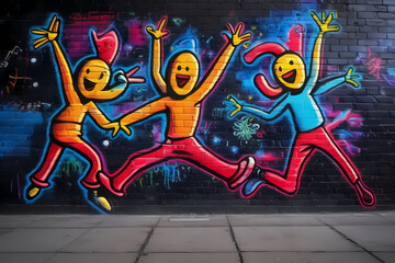 Description: A vibrant and crazy illustration showcases a graffiti wall adorned with colorful abstract dancing figures, exuding an energetic and lively atmosphere of urban expression.