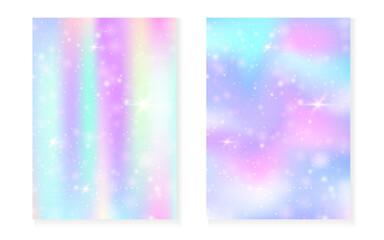 Kawaii background with rainbow princess gradient. Magic unicorn hologram. Holographic fairy set. Fluorescent fantasy cover. Kawaii background with sparkles and stars for cute girl party invitation.