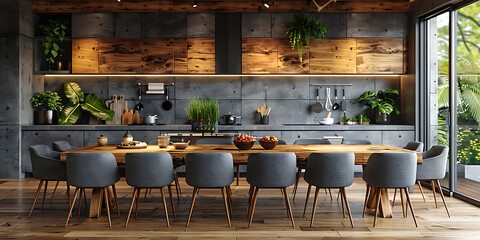 Wooden Dining Table with Gray Chairs and Empty Canvas in Modern Kitchen