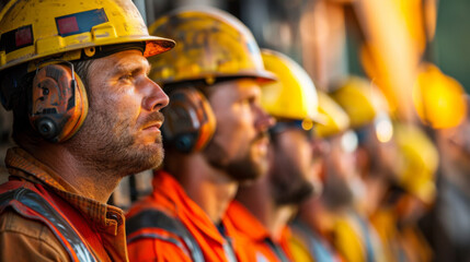A line of construction workers wearing safety helmets and reflective gear intently watching a demonstration at a building site.