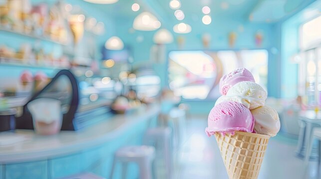 Blurred Ice Cream Parlors Background, Coastal Blue defocused business interior, Whimsical concept.