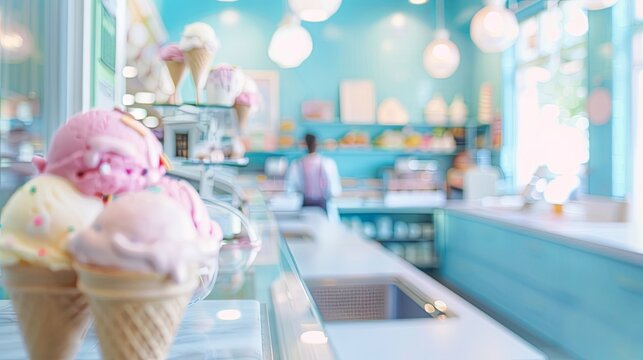 Blurred Ice Cream Parlors Background, Coastal Blue defocused business interior, Whimsical concept.