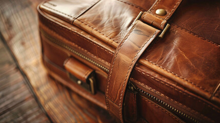 Rustic leather travel bag. Close-up of a brown leather travel bag with antique brass hardware, perfect for vintage or travel-themed projects.