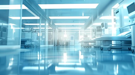 Blurred Medical Equipment Rental Background, Cool Blue defocused business interior, advanced technology concept.